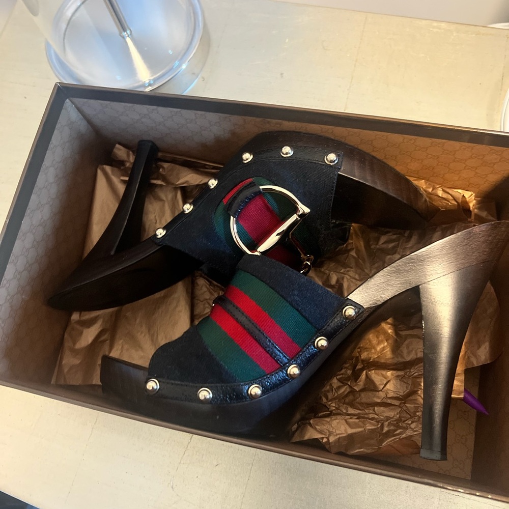 Gucci Black Mules with Green and Red Accents